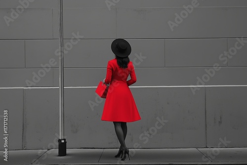 A woman stands elegantly in a striking red dress by a gray background, highlighting her stylish outfit. photo