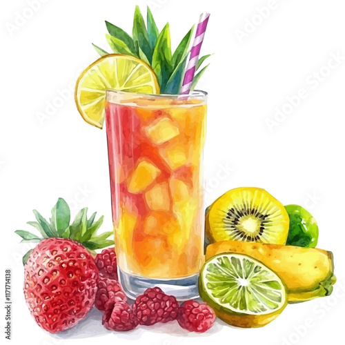 A watercolor vector painting of a glass of tropical fruit juice, isolated on a white background. Tropical Fruit Juice vector.

