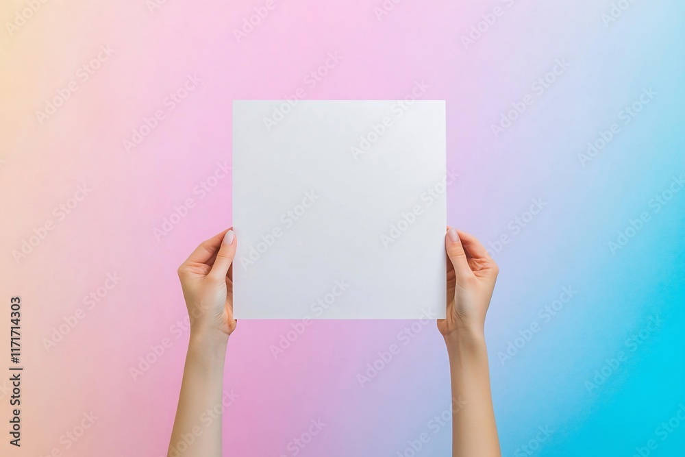 Woman's hands hold blank white paper against pastel background. Woman's hands hold blank white paper against pastel background.