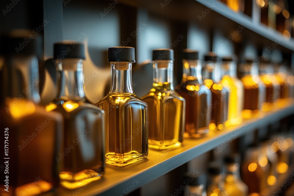 A sophisticated product display of premium olive oils, arranged in elegant glass bottles on sleek shelves, with soft lighting bringing out the rich colors and smooth texture.