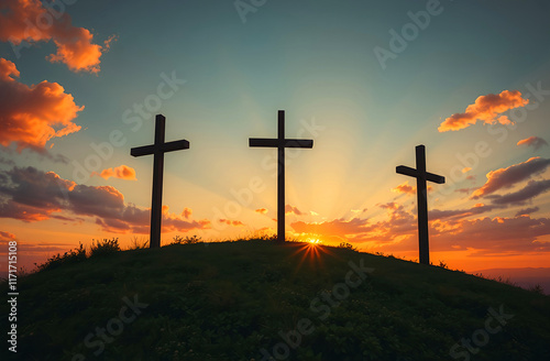 Three Christian Crosses On a Hill at Sunrise