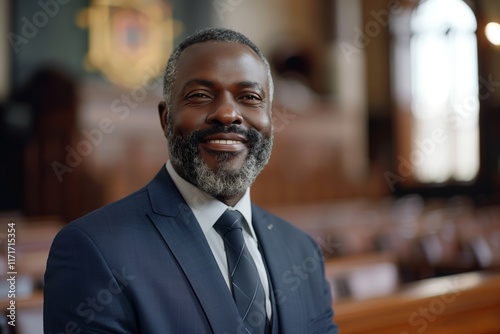 Confident man smiling in a formal suit  representing leadership and professionalism in a modern office.