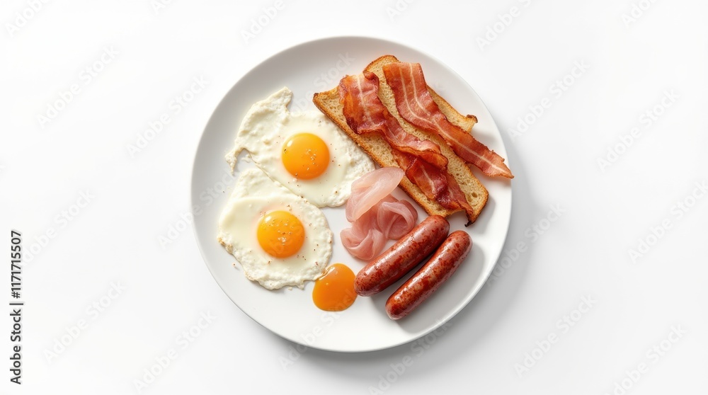 Hyperrealistic Overhead Shot of a Breakfast Plate with Eggs, Sausages, Bacon, Bread, and Jam Hyperrealistic Overhead Shot of a Breakfast Plate with Eggs, Sausages, Bacon, Bread, and Jam