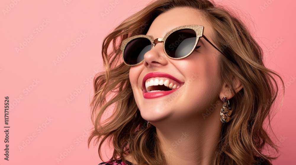 Fototapeta premium Beautiful young woman wearing stylish sunglasses, smiling joyfully against a pink background – a cheerful and glamorous Valentine's Day portrait perfect for banners and cards.