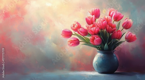 Beautiful arrangement of pink tulips in a blue vase on a pastel background