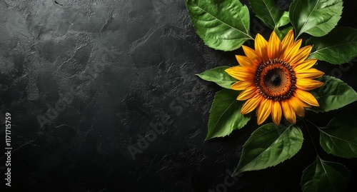 Bright yellow sunflower displayed on a textured black surface with green leav...
