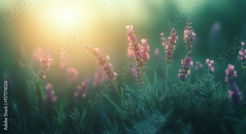 Morning light illuminates blooming wildflowers in a lush green meadow during ...