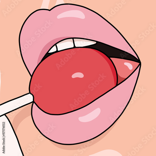 Illustration of a Mouth with Red Lipstick and Tongue Out Licking a Lollipop photo