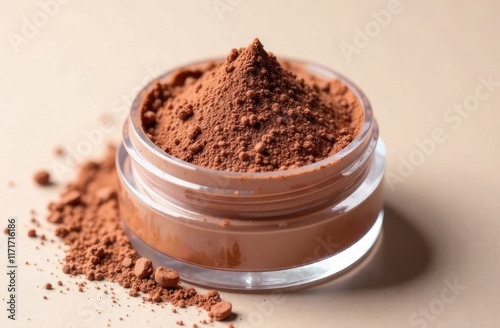 open jar of loose brown makeup powder on beige surface. cosmetic beauty product for skin enhancement. advertising, packaging design, skincare concept in mocha mousse tones - color of the year 2025 photo