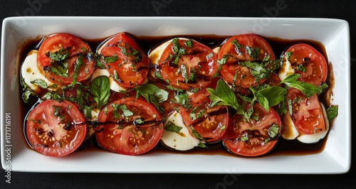Colorful salad with fresh tomatoes, mozzarella, and basil served on a white p...
