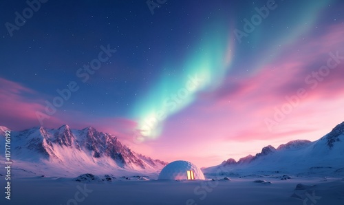 A serene landscape featuring an igloo under the northern lights.