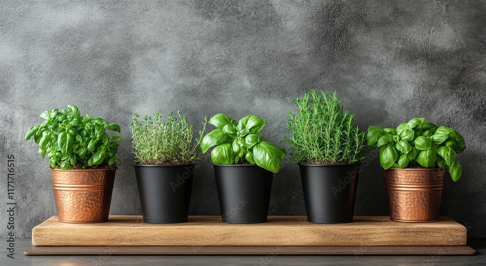 Lively herb garden with basil, thyme, and rosemary in decorative pots on wooden shelf Lively herb garden with basil, thyme, and rosemary in decorative pots on wooden shelf