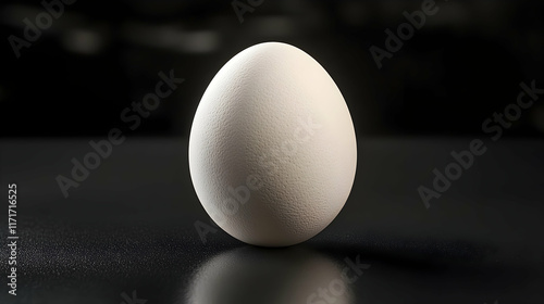 Minimalist still life of a single white egg on a matte black surface, evoking purity and simplicity, perfect for culinary or editorial layouts photo