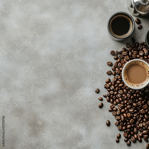 Coffee beans and beverages arranged neatly on a textured surface showcasing r...