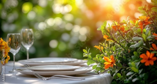 Elegant outdoor dining setup with floral accents and soft sunlight during gol...