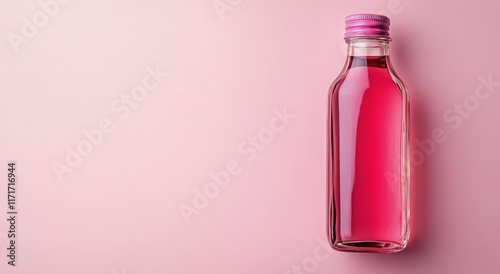 Bottle of pink liquid on a light pink background showcasing a simple yet eleg...