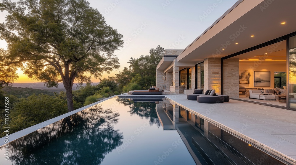 Fototapeta premium Hilltop Oasis with Sleek Resort Design and Luxurious Pool Overlooking the Valley
