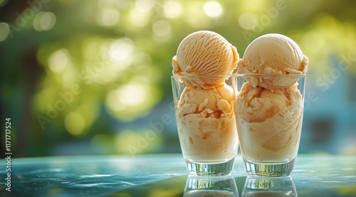Delicious creamy ice cream served in clear glasses surrounded by a lush garde...