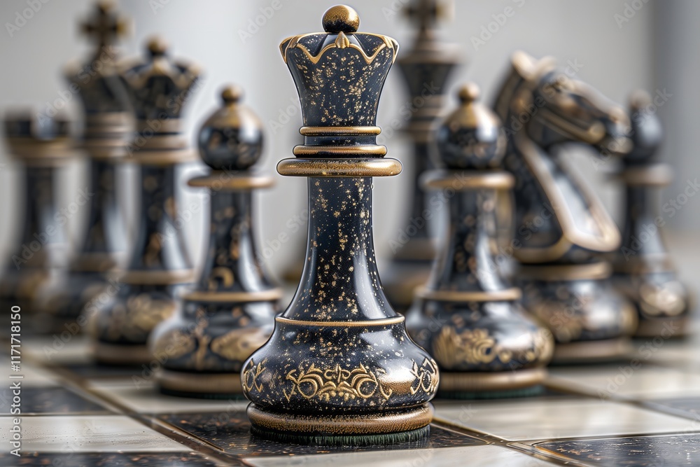 Intricately designed black and gold chess pieces ready for a strategic game. Intricately designed black and gold chess pieces ready for a strategic game.