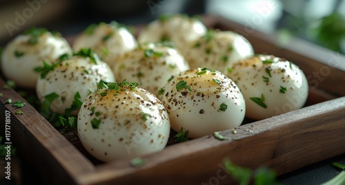 Freshly prepared eggs garnished with herbs on a wooden tray in a rustic kitch...