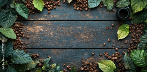 Coffee beans scattered around a mug on a rustic wooden surface with green lea...
