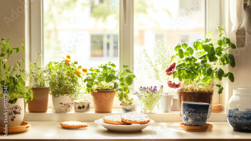 Wallpaper Mural charming kitchen window adorned with potted herbs and colorful flowers, featuring plate of sable cookies. warm sunlight creates cozy atmosphere, perfect for baking Torontodigital.ca