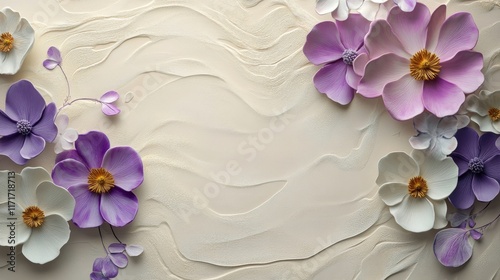 Beautiful arrangement of purple and white flowers on a soft pastel background
