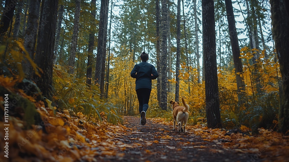 Woman Jogging With Dog Through Autumn Forest Path Woman Jogging With Dog Through Autumn Forest Path