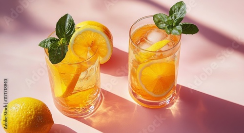 Refreshing lemonades served in glasses with ice and lemon slices on a pink ba...