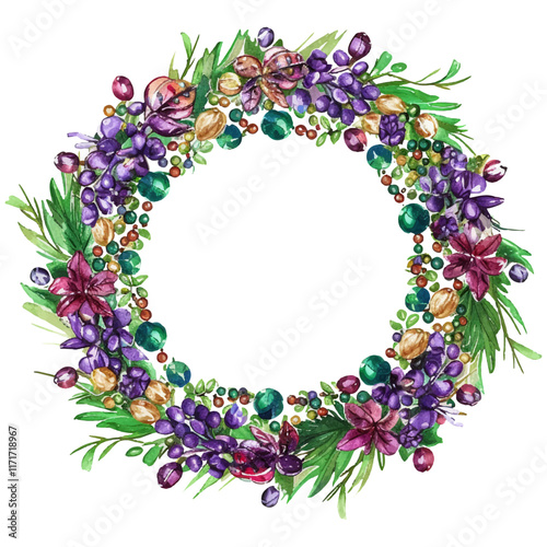 mardi gras beads wreath vector illustration in watercolor style