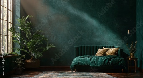 Luxurious green bedroom interior with tropical plants and natural lighting