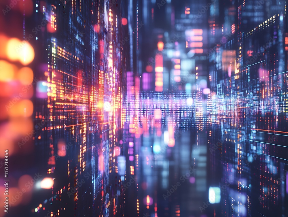 Fototapeta premium Abstract Digital Cityscape Illuminated By Vibrant Neon Lights