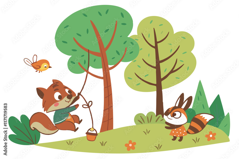 Fototapeta premium Cute cartoon animals, forest background, flat vector, children's illustration white background