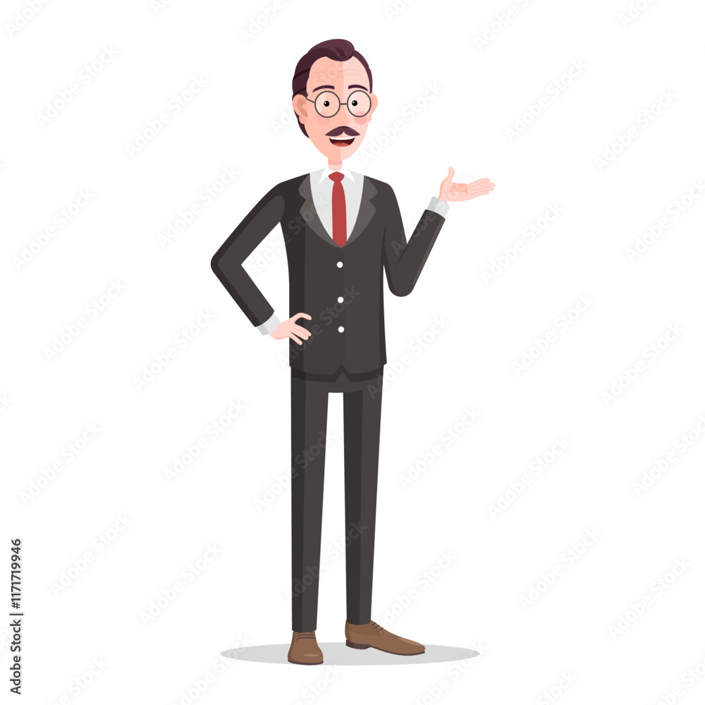 Man Cartoon Character Presenting Hand Gesture, Businessman Smiling and Showing Vector Illustration. Man Cartoon Character Presenting Hand Gesture, Businessman Smiling and Showing Vector Illustration.