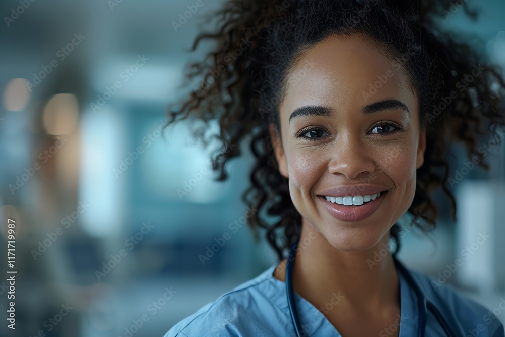Smiling healthcare professional in a blue scrubs, showcasing confidence and compassion in a medical environment. Smiling healthcare professional in a blue scrubs, showcasing confidence and compassion in a medical environment.