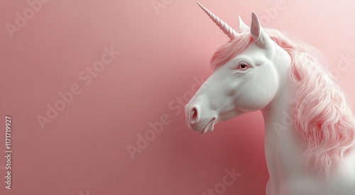 Charming unicorn figure with pink mane against a pastel pink background in a ...