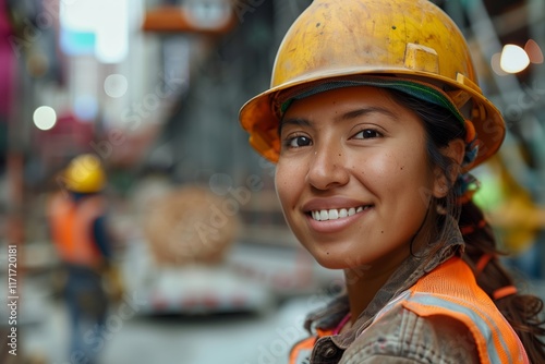 Smiling woman in a construction site wearing a safety helmet and orange vest, showcasing joy and professionalism. photo