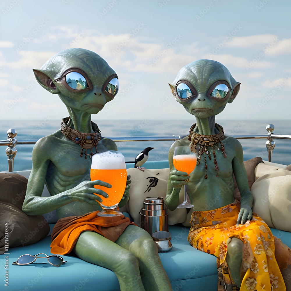 couple of green alien relaxing on trip boat on ocean. close up. Digital artwork. Ai generated