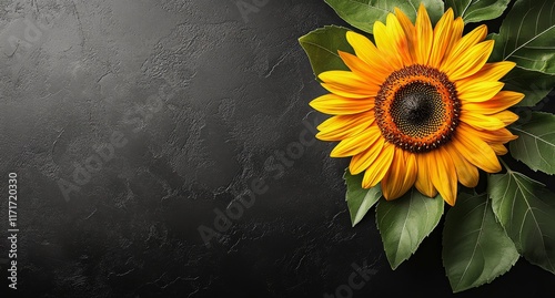 Bright yellow sunflower displayed on a textured black surface with green leav...