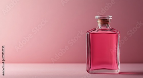 Bottle of pink liquid on a light pink background showcasing a simple yet eleg...