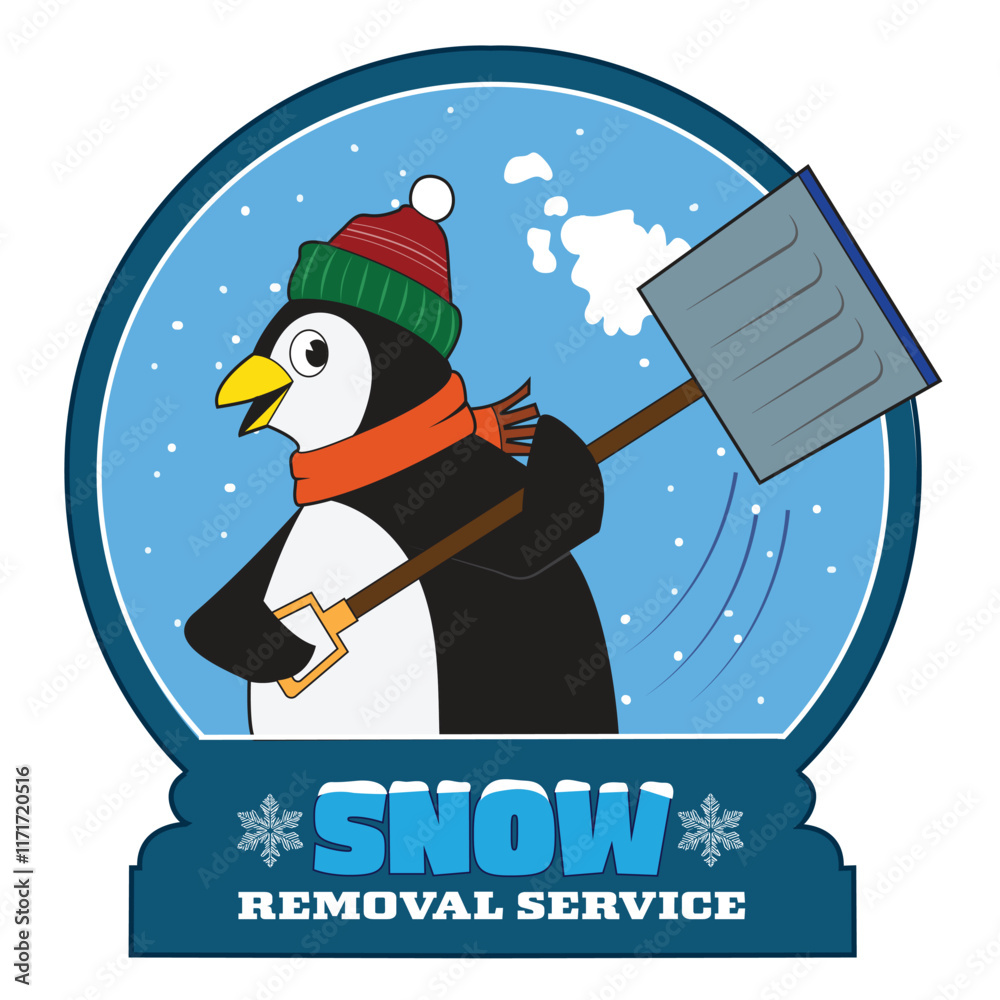 A cartoon penguin shovels snow.