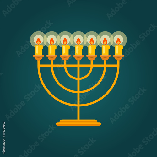 Menorah. A golden seven-branched lampstand, or candlestick with seven candles, which is lit on the religious Jewish holiday of Hanukkah. Vector illustration in a flat style. Icon.