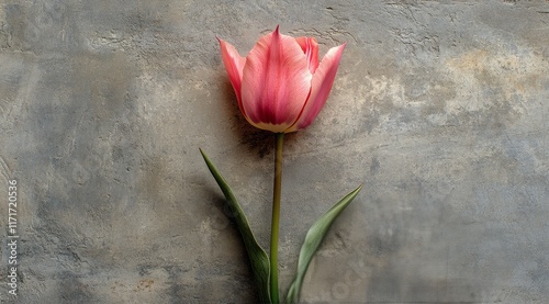 Vibrant pink tulip against a textured gray background for spring decor inspir...