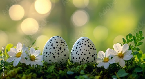 Decorative speckled eggs resting among delicate white flowers in natural gree...