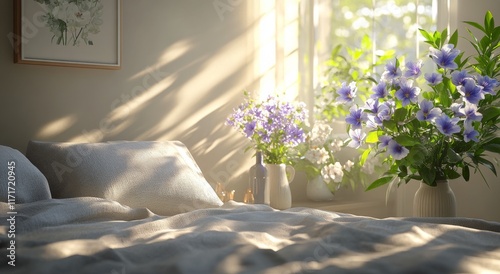 Cozy bedroom with soft light and fresh flowers in a peaceful setting during m...