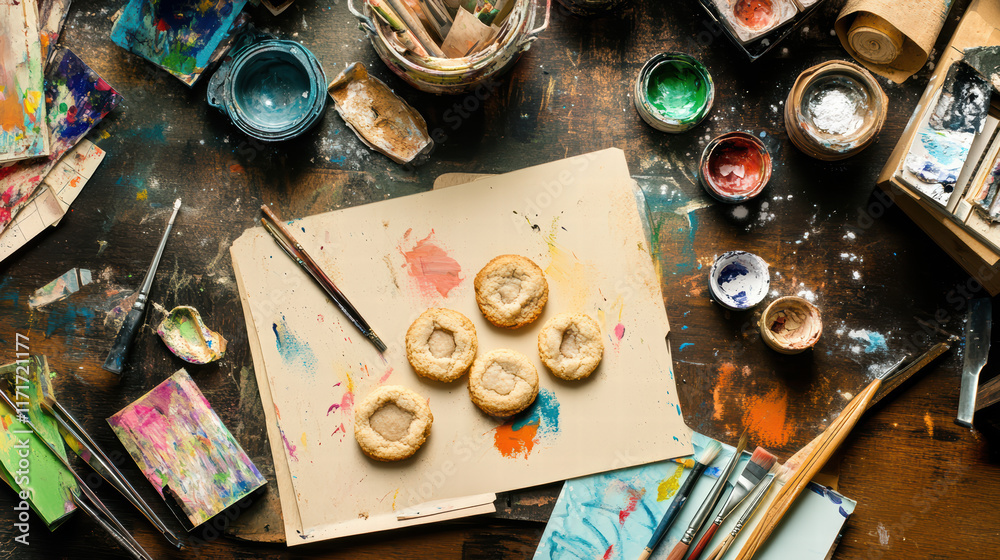 Creative workspace with art supplies, paint, and cookies on table. vibrant colors and textures create inspiring atmosphere for artistic expression Creative workspace with art supplies, paint, and cookies on table. vibrant colors and textures create inspiring atmosphere for artistic expression