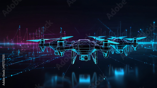 Futuristic Drone Technology Abstract. Digital wireframe of drones flying, blue neon glow. olygonal low poly background with connecting dots and lines. Futuristic digital low poly 3d drone flying. photo