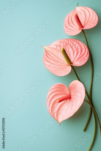Vibrant pink anthurium flowers arranged against a soft teal background