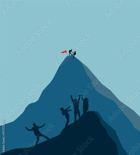 Goal achieved. Climbers summit a mountain as climbers below celebrate their achievement. This is a 3-d illustration about personal achievement.   