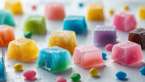 Colorful salt water taffy on white backdrop